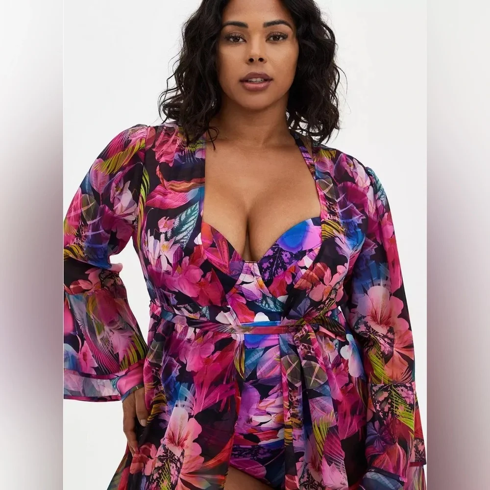 TORRID Vibrant Floral Swimsuit + Belted Cover Up - Picture 1 of 11